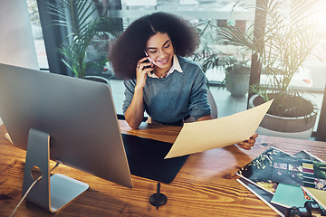 Image showing Business woman, phone call and document in design, conversation or digital drawing idea at the office. Female designer talking on mobile smartphone for communication, networking or project discussion