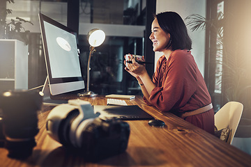 Image showing Coffee, computer screen and woman in office with happy online research, digital marketing and business planning. Professional asian person with inspiration, creative ideas and tea at night on desktop