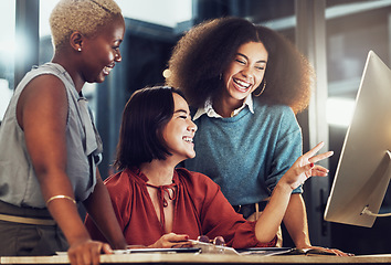 Image showing Training, computer and laughing with women in office for coaching, support and collaboration. Leadership, technology and management with business people for brainstorming, project goals and planning