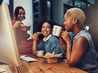 Image showing Business team, food and office at night while eating and drinking coffee together at a desk. Diversity women group talking and laughing on late break with takeout and collaboration at workplace