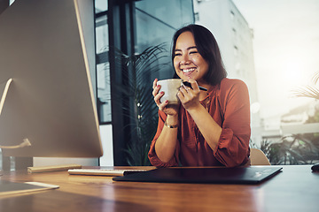 Image showing Computer, coffee and happy business woman in office excited for planning, email or design idea. Tea, relax and satisfied smile for female asian entrepreneur reading proposal, plan or startup goal