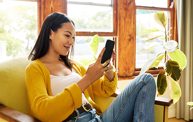 Image showing Woman relax with smartphone, smile at social media post and communication, technology and scroll internet. Online chat, happy female rest at home and peace with mobile app or games with connectivity