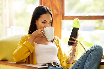 Image showing Woman, smartphone and coffee, social media and communication, technology and scroll internet. Online chat, female relax at home with drink, mobile app or games with connectivity, peace and content