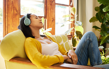 Image showing Woman, meditation and headphones, listen to music or podcast for peace and stress relief, sleeping and relax at home. Streaming online, self care and wellness with content female listening to radio