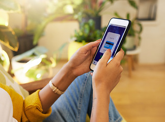 Image showing Hands, phone screen and payment for banking in home, smart pay and online shopping. Ecommerce, fintech and woman with cellphone for sales app, finance and purchase on internet store or investment.