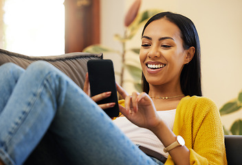 Image showing Phone, relax and woman laughing in home living room on sofa, social media or funny meme. Cellphone, comedy and happy person web scrolling, online browsing or text messaging for comic joke in house.