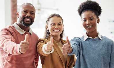 Image showing Business people, thumbs up and team portrait in office with support, motivation or diversity at job. Businessman, women and teamwork with smile, solidarity or hand sign for collaboration in workplace