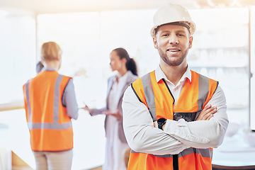 Image showing Architecture, arms crossed and portrait of man on construction site for planning, engineering or building. Designer, inspection and development with contractor for renovation, maintenance or industry