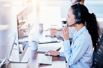 Image showing Call center, computer and consulting with woman in office for customer service, technical support or help desk. Telemarketing, contact us and communication with employee for legal advice and operator