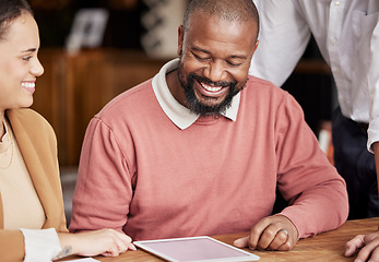 Image showing Tablet, teamwork and smile with business people in office for planning, website and research mockup. Happy, solution and technology with black man in meeting for review, project management and mentor