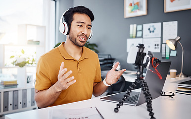 Image showing Podcast, tutorial and live stream with a man influencer recording broadcast content in his home office. Internet, vlogger and subscription with a male streamer or creator working in his studio