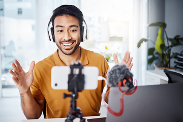Image showing Podcast, happy and live streaming with a man content creator recording a broadcast in his home office. Internet, freelance and subscription with a male vlogger or creator working in his studio