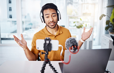 Image showing Podcast, explain and influencer with a man content creator recording a broadcast in his home office. Internet, freelance and subscription with a male vlogger or streamer working in his studio
