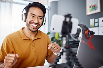 Image showing Happy, work and an Asian man with a phone for a video call, communication or podcast. Smile, laughing and an entrepreneur talking on a webinar, mobile broadcast or recording conversation in an office