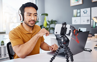 Image showing Podcast, streamer and live broadcast with a man influencer recording tutorial content in his home office. Internet, freelancer and subscription with a creative male vlogger working in his studio