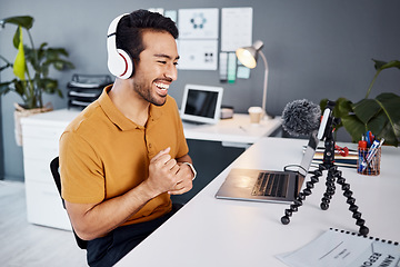 Image showing Podcast, smile and live stream with a man influencer recording broadcast content in his home office. Internet, freelance and subscription service with a male vlogger or creator working in his studio