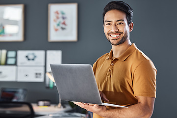 Image showing Portrait, laptop and happy man in office smile, confident and excited against blurred wall background. Face, smile and asian businessman online for planning, goal and design agency startup in Japan