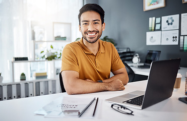 Image showing Happy, smile and portrait of a businessman in the office with a laptop working on a corporate project. Happiness, confidence and professional male employee doing research on computer in the workplace