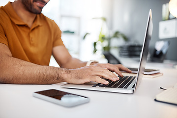 Image showing Hands typing, laptop and office with man, planning schedule or research on internet for seo job. Businessman, computer and website management in startup company with analysis, report or communication