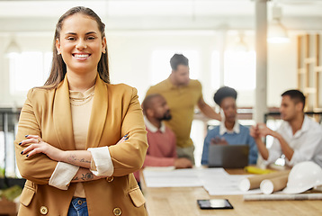 Image showing Smile, business and arms crossed with portrait of woman in meeting for planning, leadership and project management. Creative, training and strategy with employee in office for workshop and teamwork