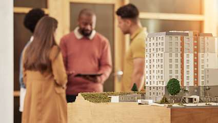 Image showing Architecture team, tablet and city model in office for construction planning, development and strategy. Business people, architect teamwork and 3d illustration of buildings, property and mockup space