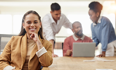 Image showing Happy, confidence and portrait of a businesswoman in a meeting in the conference room of the office. Leadership, smile and professional female manager working on a project with employees in workplace