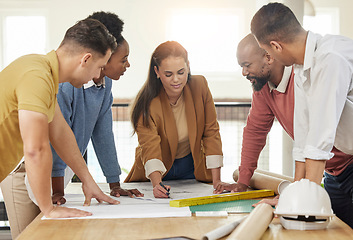 Image showing Teamwork, architecture and business people in meeting for planning, discussion and engineering design. Collaboration, construction and men and women talking with blueprint, floor plan and documents