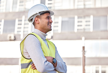 Image showing Construction worker, vision or arms crossed and a man architect standing on a building site with vision. Engineering, happy and smile with a male contractor working in the architecture industry