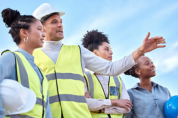 Image showing Architect, team and leadership in construction for planning, collaboration or brainstorming ideas on site. Group of contractor people in teamwork inspection, development or diversity in architecture