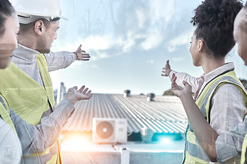 Image showing Technician, roof or engineering people pointing to air conditioning, design overlay or electrical power generator. Electrician group, contractor or person showing sky for sustainable electricity plan