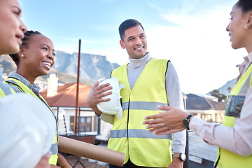 Image showing Architect, team or meeting in construction collaboration for planning or brainstorming together on site. Group of contractor people in teamwork discussion, development or architecture communication