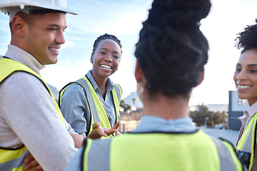 Image showing Happy architect, team and meeting in construction collaboration for planning or brainstorming together on site. Group of contractor people in discussion, development or speaking for architecture plan