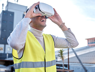 Image showing Happy man, architect or VR building with smile in city for construction, simulation or digital layout on site. Male contractor, engineer or builder excited for virtual reality or 3d architecture plan