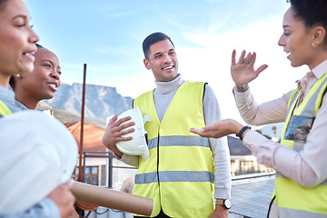 Image showing Architect, teamwork and meeting in construction collaboration for planning or brainstorming together on site. Group of contractor people in team discussion, development or ideas for architecture