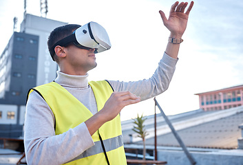 Image showing Man, architect and VR in the city for construction, simulation or digital layout for project on site. Male contractor, engineer or builder in virtual reality or building for architecture plan or idea