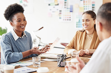 Image showing Interior design, color swatch and woman designer in a company collaboration for renovation project. Happy, meeting and brand identity planning of a employee group speaking about creative branding