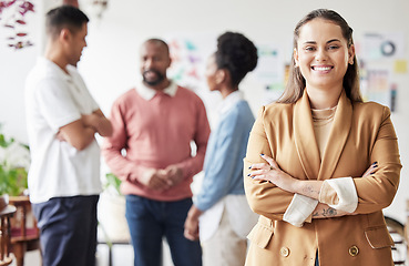 Image showing Business woman, portrait and leadership with smile in startup office or happy for career by team. Female manager, excited face or success with teamwork, arms crossed or happiness for entrepreneurship