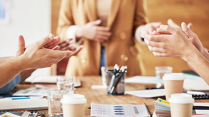 Image showing Hands, winning and people clapping for success in a meeting or presentation of a business or company. Teamwork, celebration and group or winner corporate team, staff or workforce at a startup