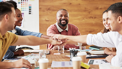 Image showing Hands together, business people and portrait of meeting success and company collaboration. Conference room, happiness and smile of corporate administrator team with diversity support and teamwork