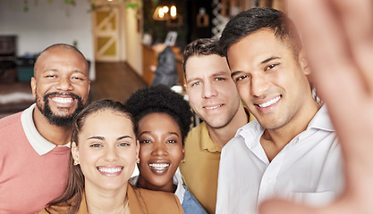 Image showing Business people, portrait smile and selfie for profile picture, team building or social media post at the office. Group of happy employee workers smiling for photo, memory or vlog at the workplace