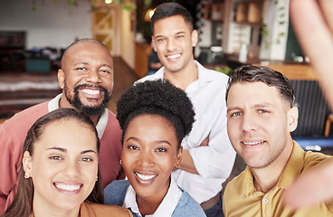 Image showing Business people, portrait smile and selfie for social media, profile picture or team building at the office. Group of happy employee workers smiling for photo, memory or online vlog at the workplace