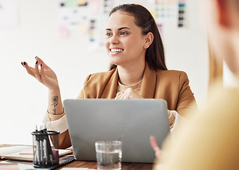 Image showing Interior design, talking and woman architect in a company meeting for renovation project. Happy, smile and brand identity planning of a female employee speaking about creative branding work in office