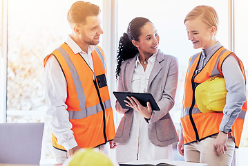 Image showing Business people, architect and tablet in meeting for construction, planning or brainstorming ideas at the office. Engineering contractor in teamwork, collaboration or architecture plan on technology