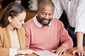 Image showing Tablet, teamwork and search with business people in office for planning, website and online mockup. Happy, solution and technology with employee in meeting for review, project management and mentor