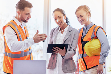 Image showing Business people, architect and tablet for construction planning, brainstorming or strategy at the office. Engineering group in meeting for teamwork, collaboration or architecture plan on technology