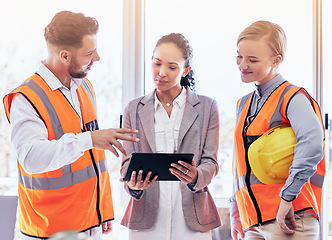 Image showing Business people, architect and tablet in meeting for idea, brainstorming or planning for construction at the office. Engineering group in teamwork collaboration for architecture plan on technology