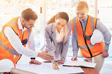 Image showing Architecture, planning and blueprint with people in office for project management, drawing and engineering. Floor plan, documents and teamwork with group of contractors for designer and construction