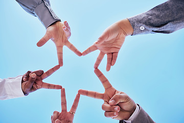 Image showing Business people, peace and hands in team building and star shape for collaboration or trust below blue sky. Hand of group touching fingers for sign, huddle or support in teamwork, solidarity or unity