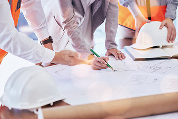 Image showing Architecture, planning and blueprint with hands of people for project management, drawing and engineering. Floor plan, documents and teamwork with group of contractors for designer and construction