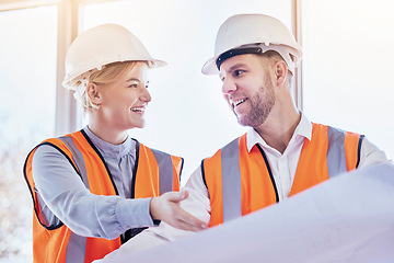 Image showing Business people, architect and planning with blueprint for construction, teamwork or site project at the office. Man and woman contractors in team strategy for building, floor plan or architecture